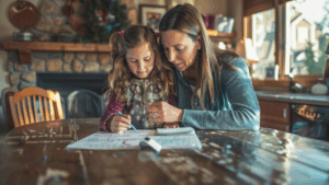mom coaching child at home