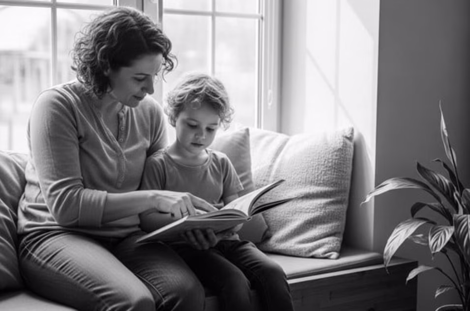 Mom reading to son, both seated by in front of a window.