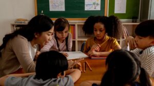 Teacher and students reviewing a text